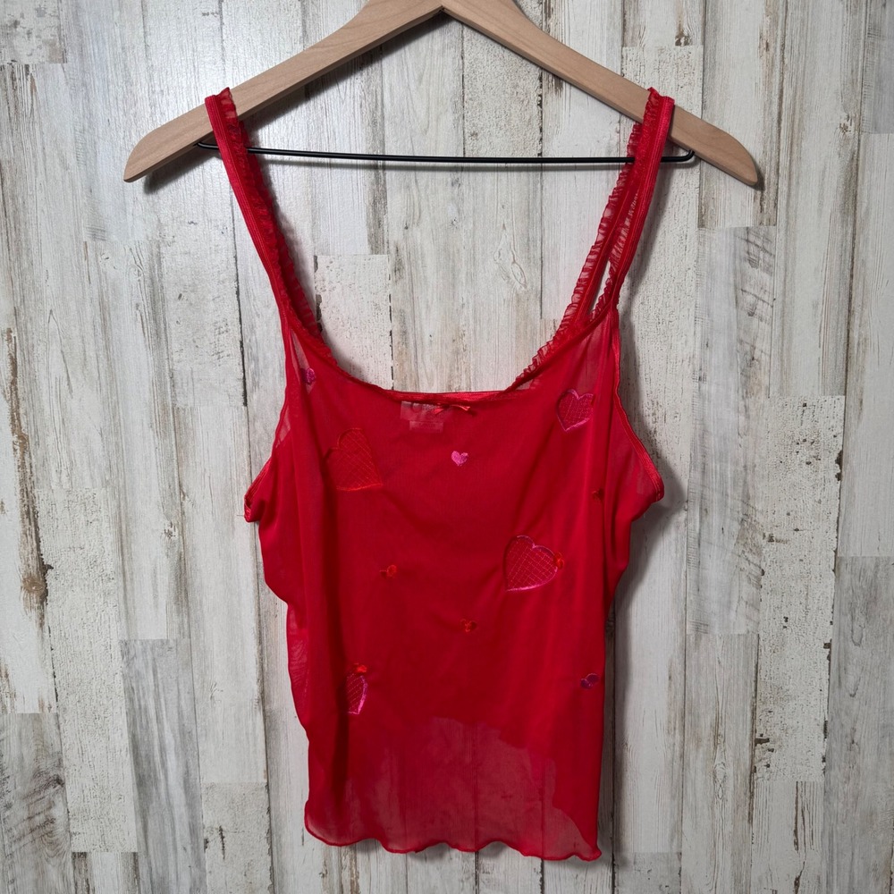 Cinema‎ Exoile Red Mesh Hearts Embroidered Vtg Y2K Cami Slip Top Womens Large